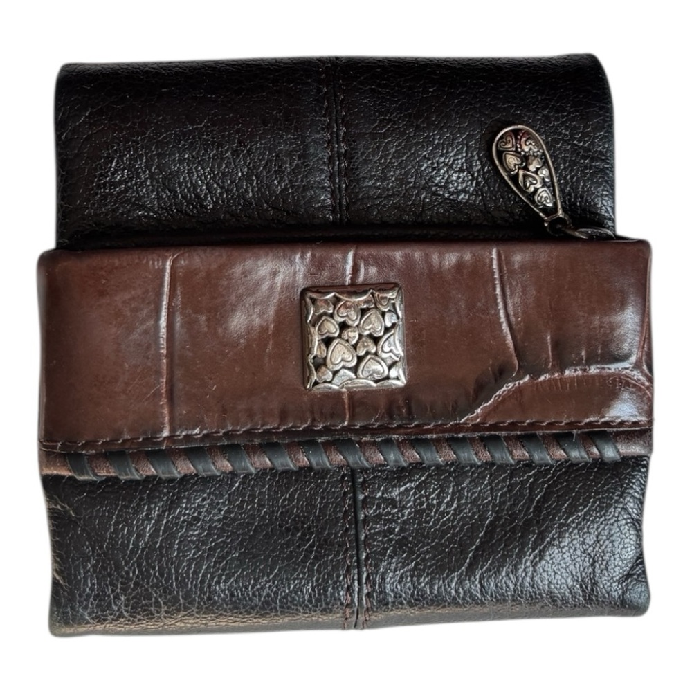 Brighton women’s dark brown leather compact trifold wallet with magnetic closure